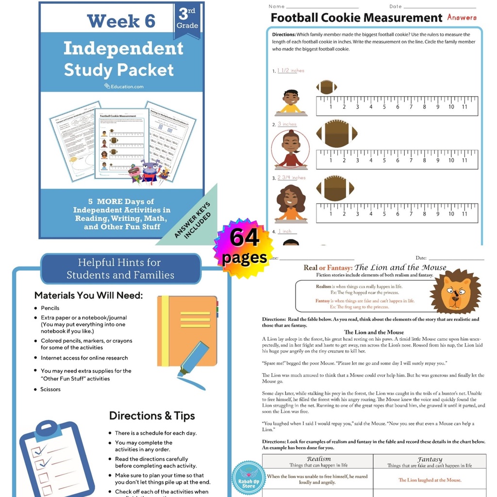 GRADE 3 Independent Study Pack Worksheet/Workbook HomeSchool Learning
