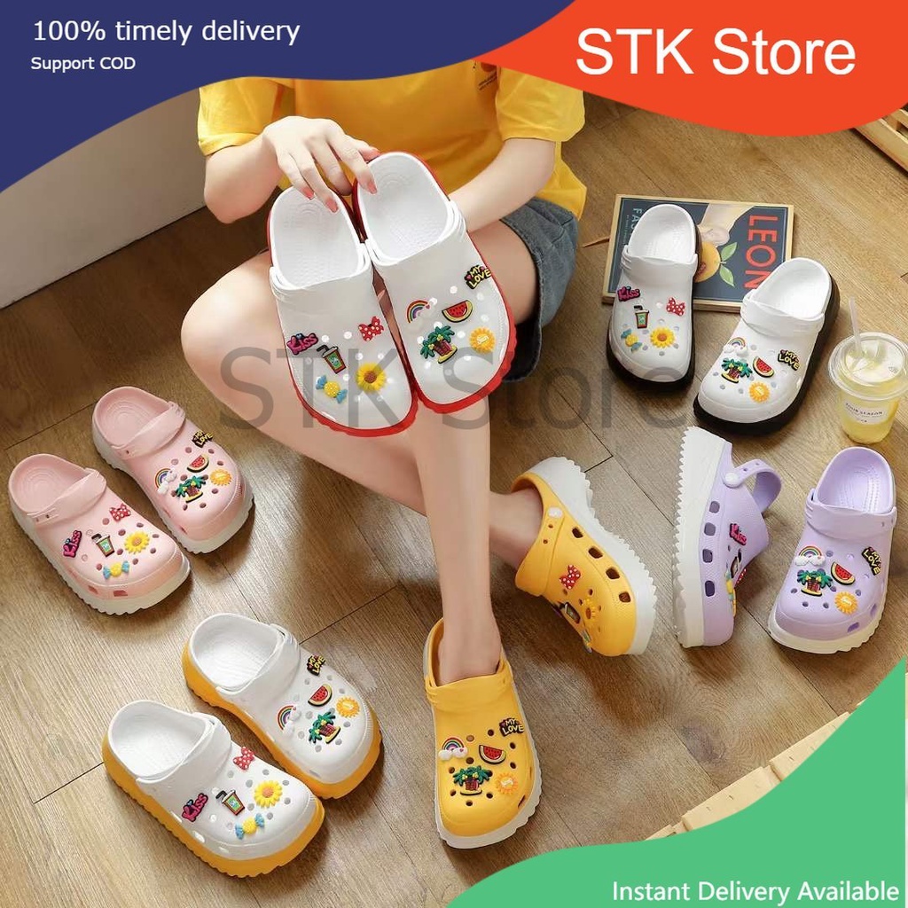 ST7301 New Crocs Shoes Korean Fashion Slippers for Women Cute High Heels Hole Shoes