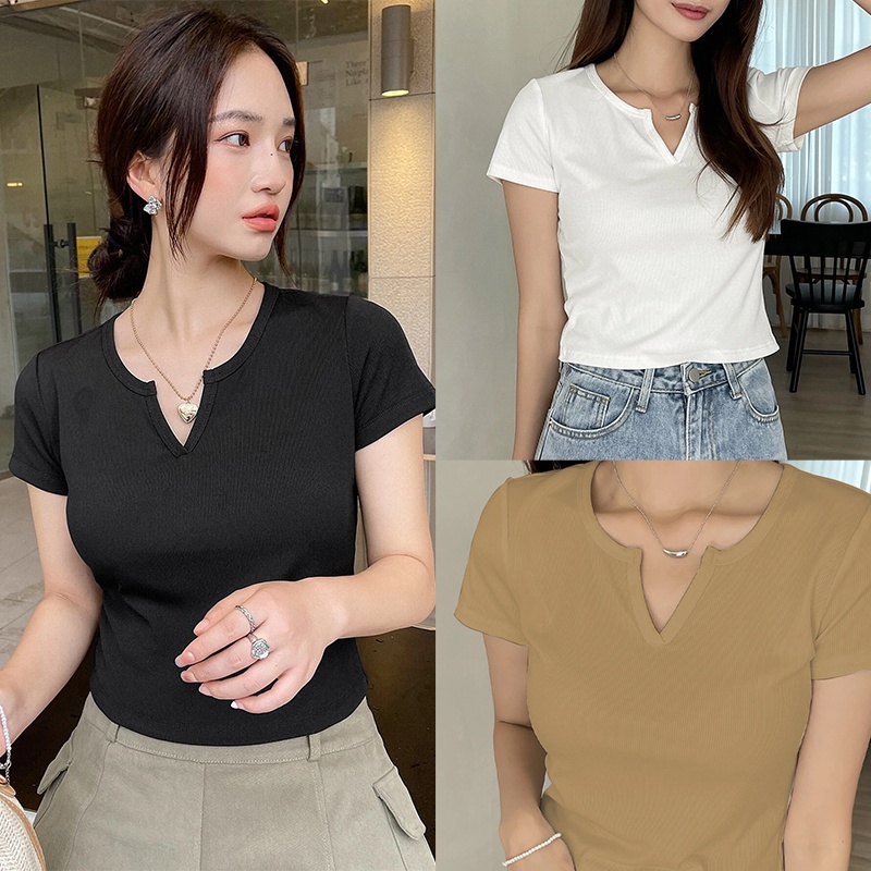 KILY PH Ribbed Knit Notched Neck Tee 6A0232 Shopee Philippines