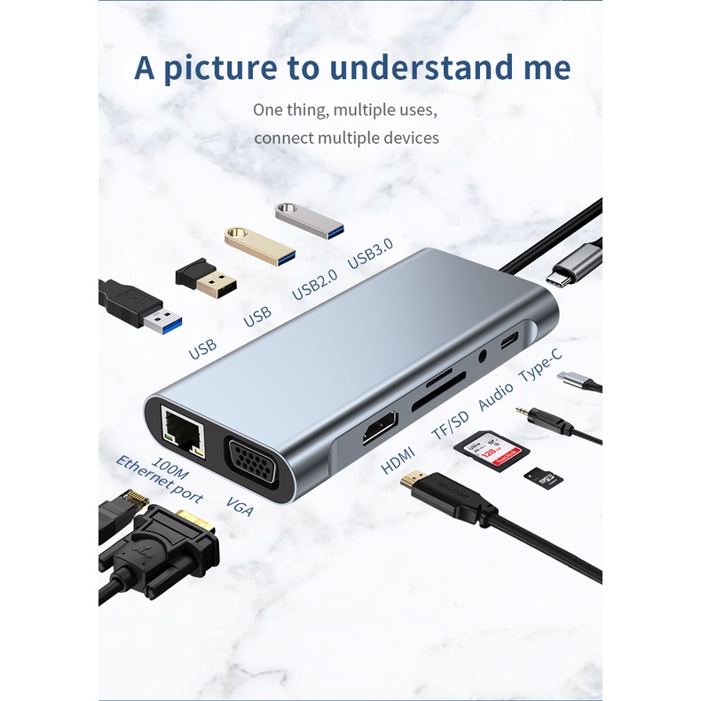 DQRGO Type-C hub USB C to HDMI VGA Adapter Ethernet port 100M 11 In 1 ...