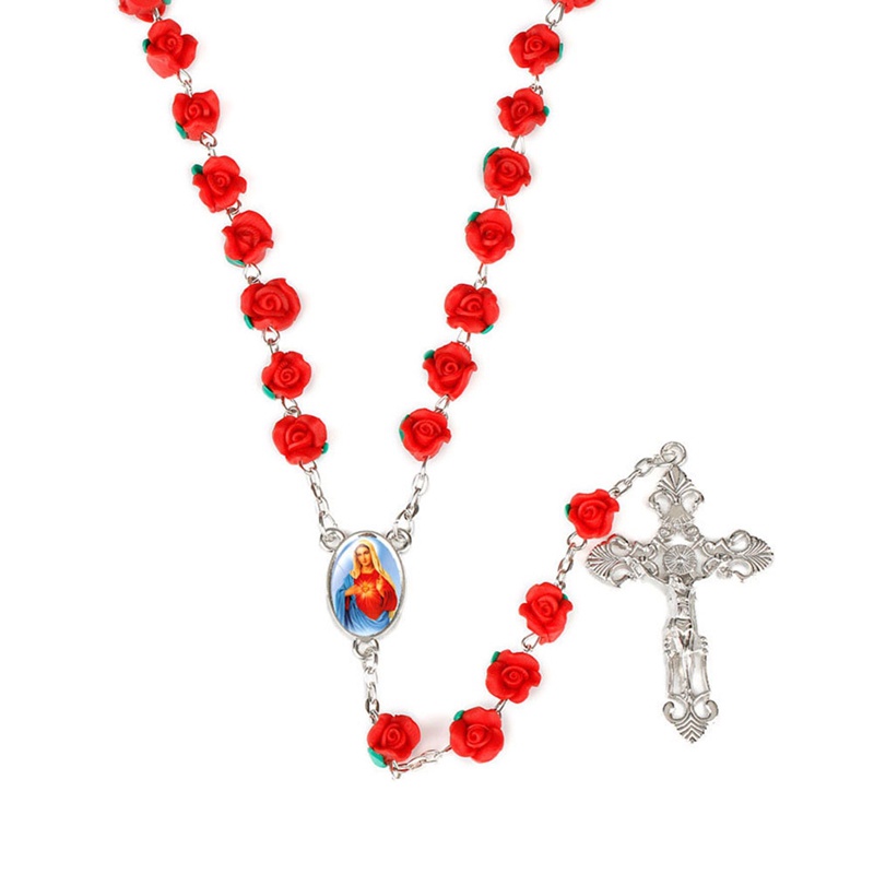 FANCY 8mm Polymer Clay Rose Beads Rosary Catholic Necklace With Holy ...