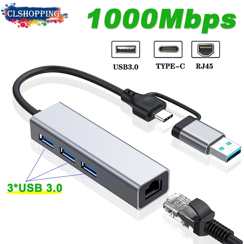 USB Type C to Ethernet Adapter 3 Port USB3.0 Hub with RJ45 1000Mbps Lan ...