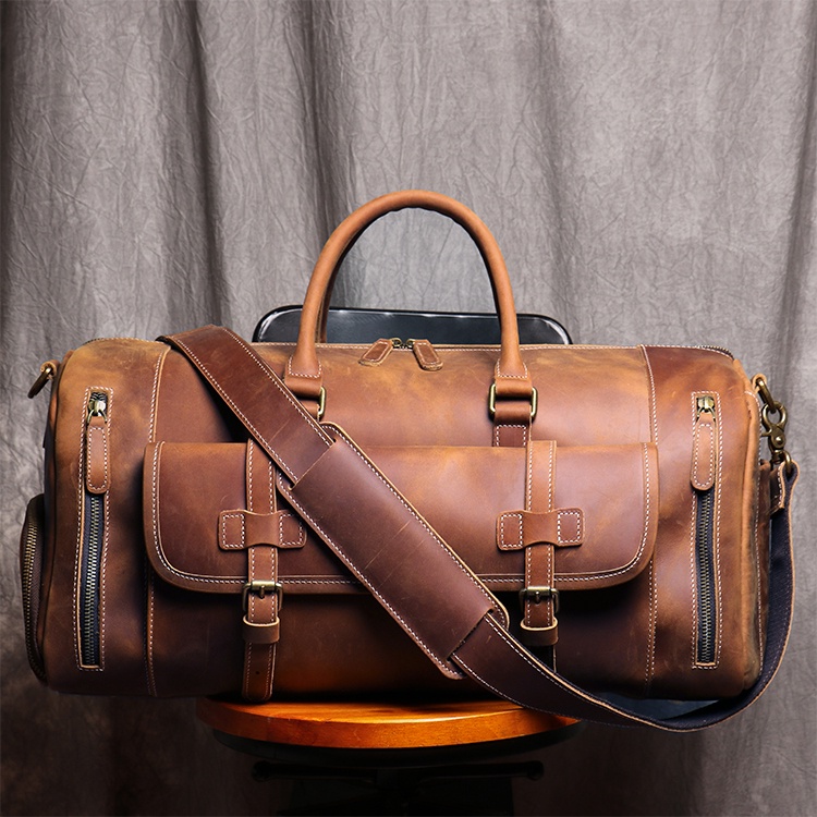 Vintage Crazy Horse Genuine Leather Large Luggage Handbag Men Leisure ...