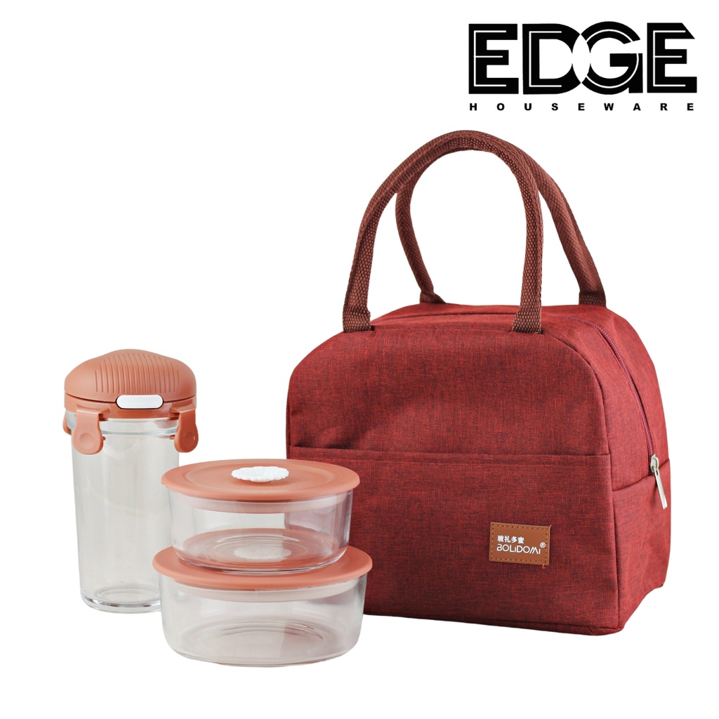 Edge 3 Pieces Insulated Lunch Box set 2 pcs Microwave safe Glass Food