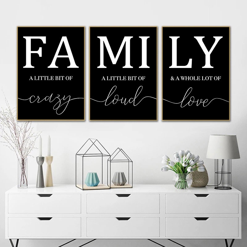 Frameless Simple Black White Family Canvas Art Painting Prints Modern