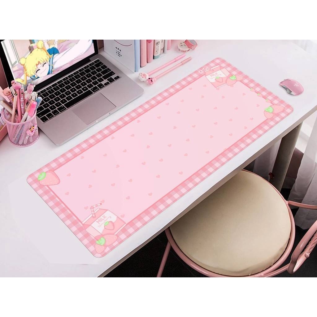 Strawberry Milk Mousepad, Kawaii pink gaming desk mat, Pastel anime ...