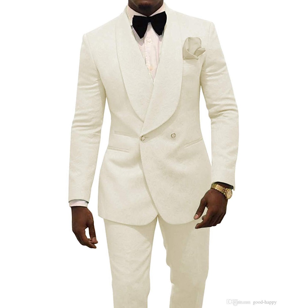 2021 Custom Made Ivory Jacquard Groomsmen Groom Tuxedos Double Breasted ...