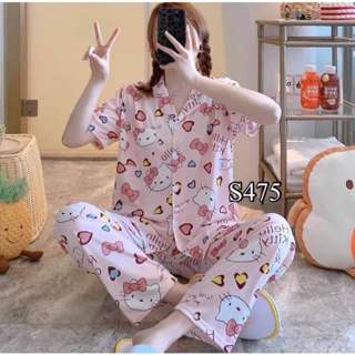 Sanrio Hello Kitty Short Sleeve T-shirts Loose Pants 2 Piece Set Women Cute  Pajamas Y2k Summer Tops Trousers Soft Sleepwear Suit