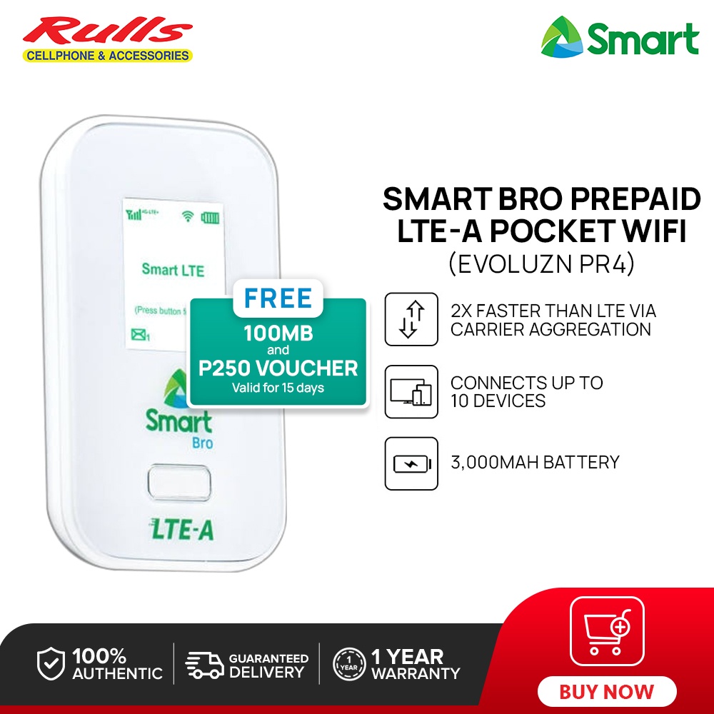 Smart Bro Prepaid LTE-A Pocket WiFi CAT 6 (EVOLUZN PR4) with FREE 100MB and  P250 Bro Voucher