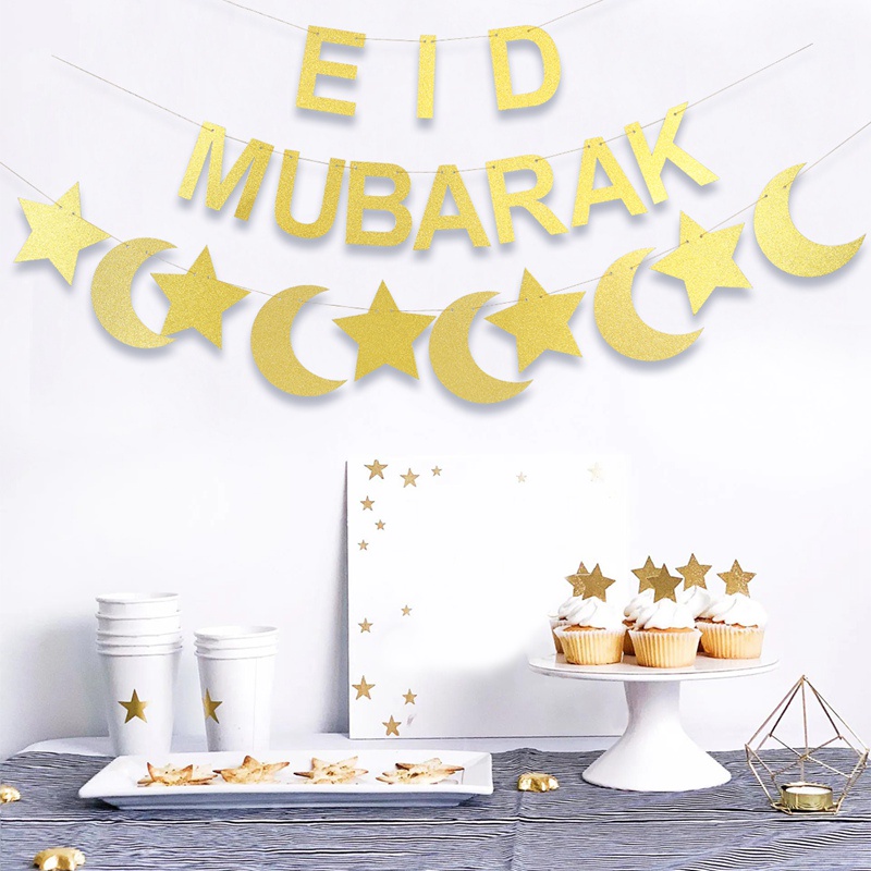 Eid Mubarak Banner Ramadan Kareem Decoration for Home Gold Moon Star ...
