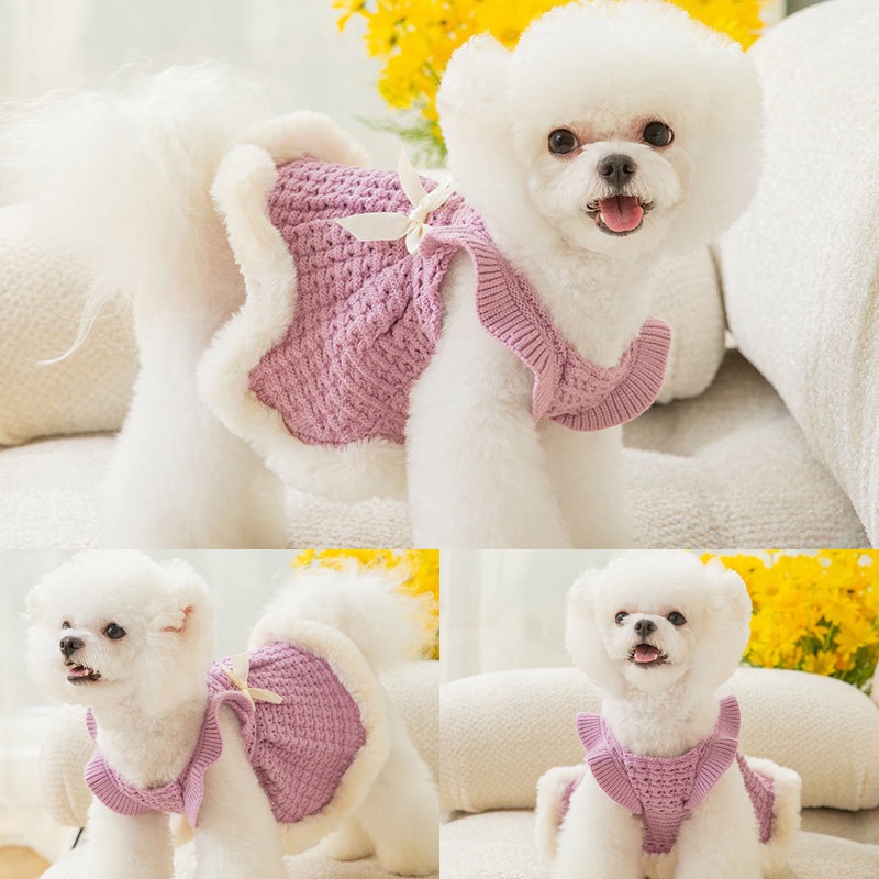 Pet Dress for Dog Girl Winter Warm Shih Tzu Clothes Bowknot Puppy