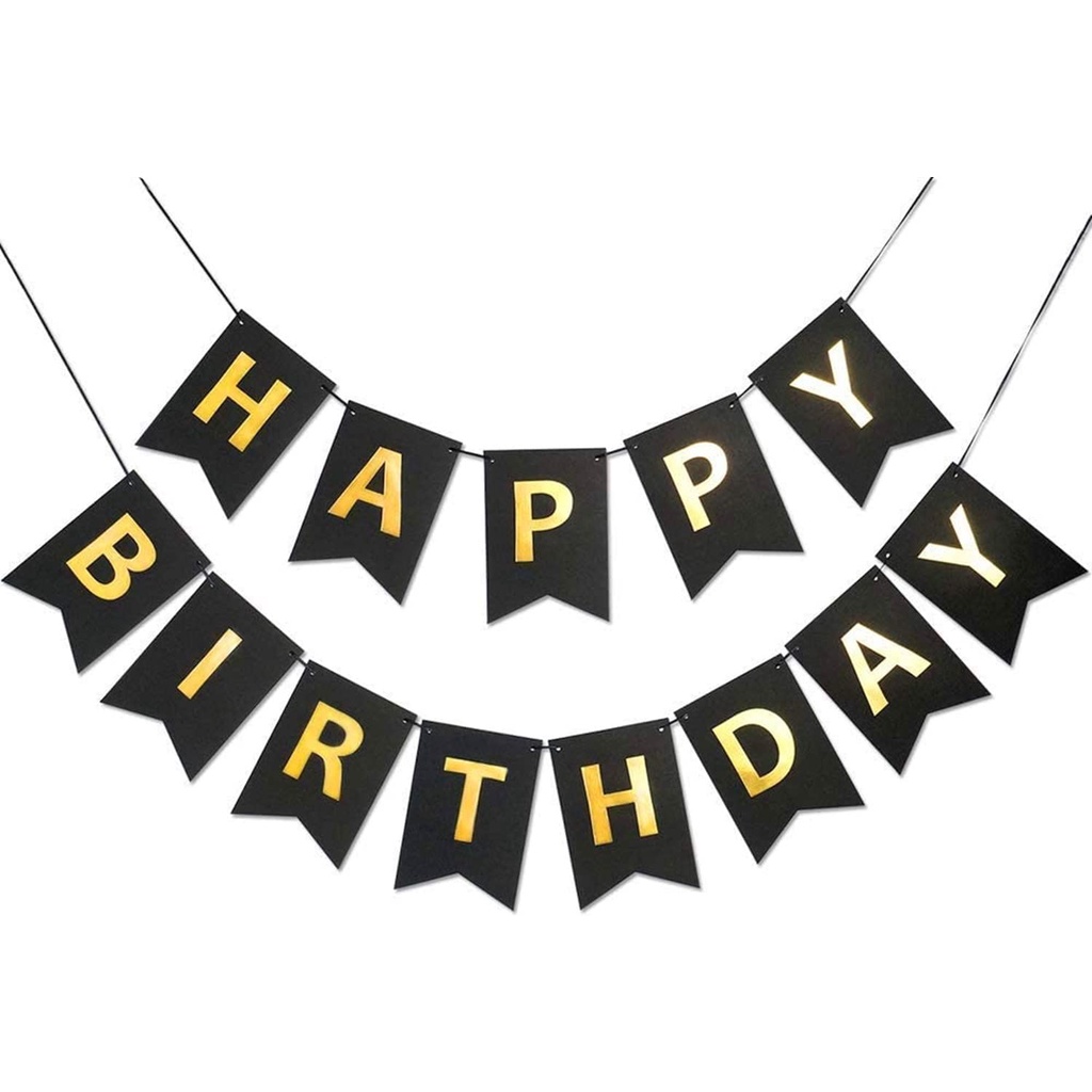 Black Happy Birthday Banner, Gold Letters Bunting Banner for Birthday ...