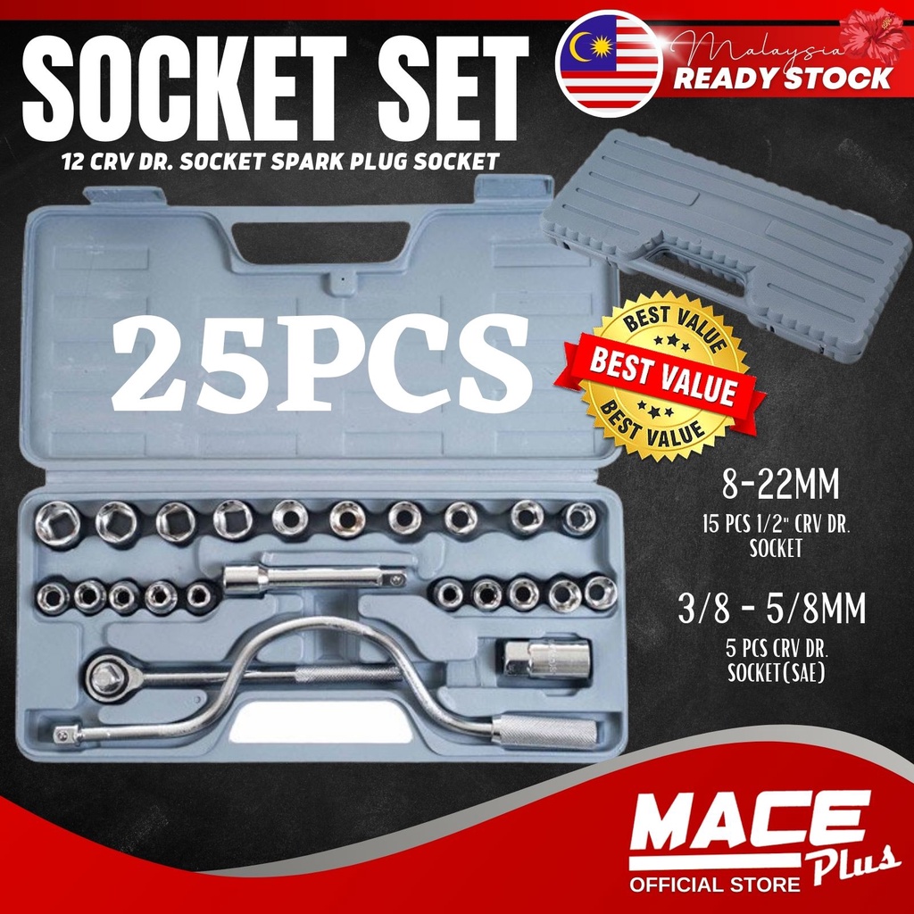 25pcs Box Socket Set 1/2" CRV DR. Socket Spark Plug Socket Ratchet