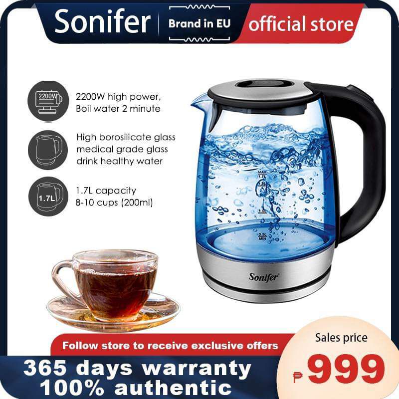Sonifer Electric Kettle Heater Kettle Borosilicate Glass W/ LED light