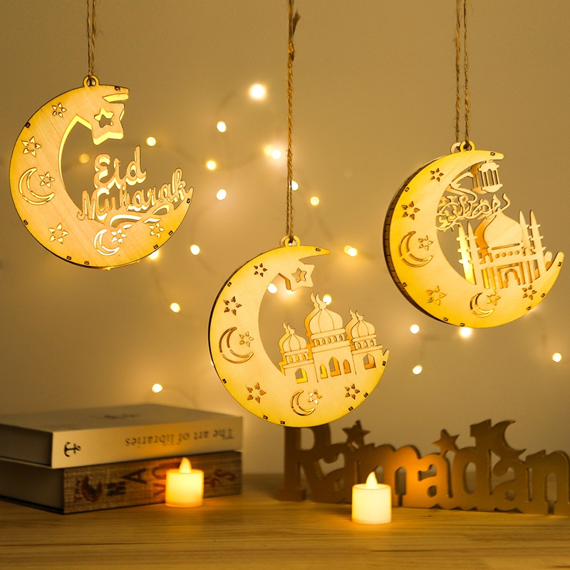 2023 Eid Mubarak Moon Star Wooden LED Pendant Lights Ramadan Hanging ...