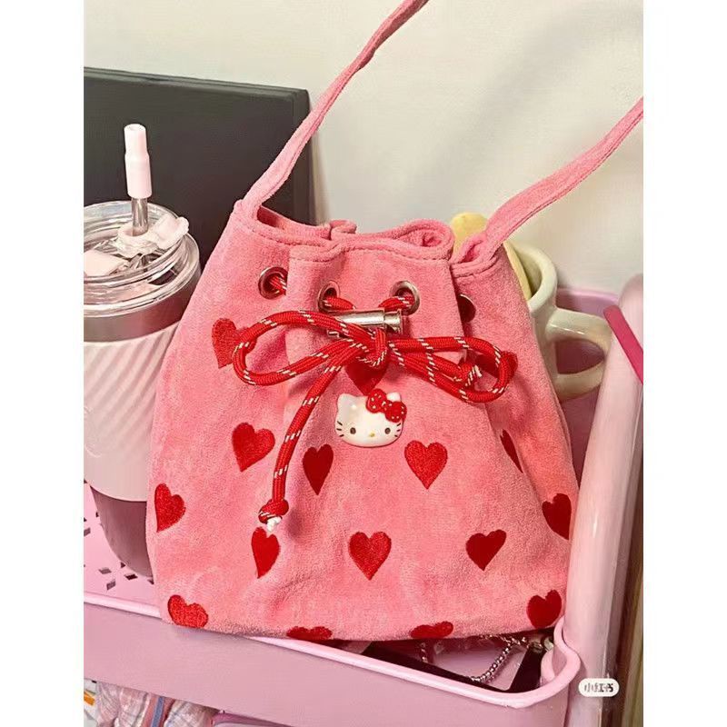 hello kitty bag bags for women Korean Embroidered Heart Drawstring Pink Handbag 2022 Spring Summer New Style One Shoulder Messenger Mini Bucket Shopee Philippines