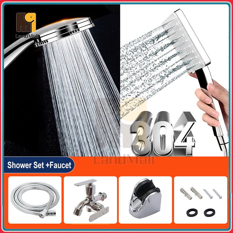 Stainless Steel Shower Head Set w/ 1.5 Meters Long Hose Holder High