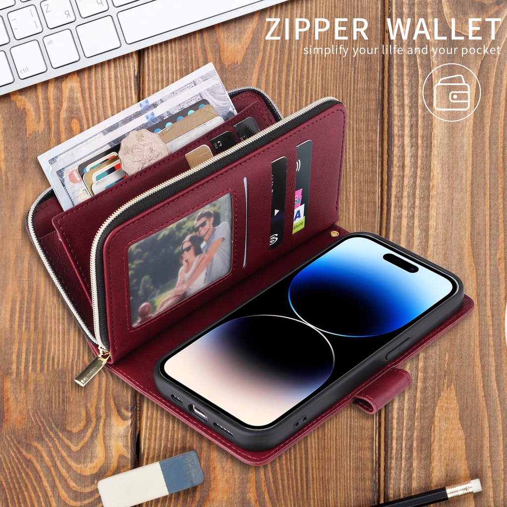 Zipper Wallet Case for Xiaomi POCO M6 Pro 4G X5 X6 5G Redmi Note 13