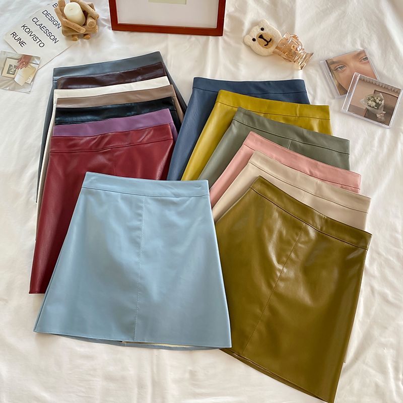 (COD) Women's A-line high-waisted short skirt leather skirt slim wrap ...