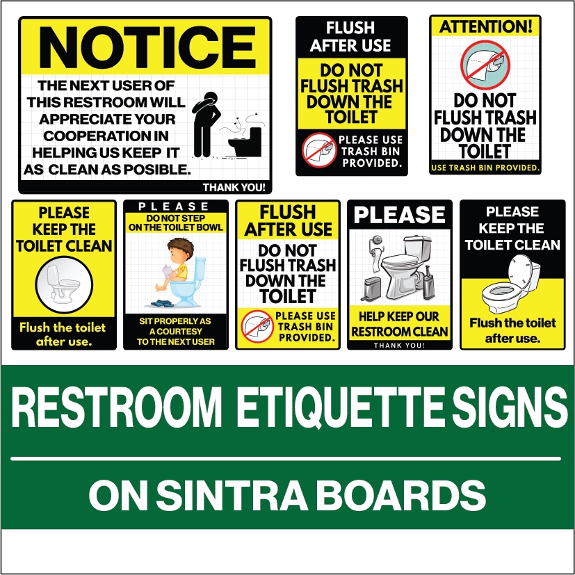 Restroom, Toilet, and Comfort Room Cleanliness and Maintenance Signs