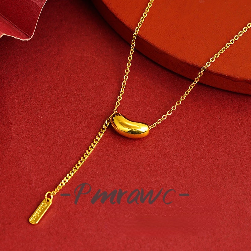 Pmrawc 18K Gold Bean Necklace Tassel Lucky Square Plate Pendant