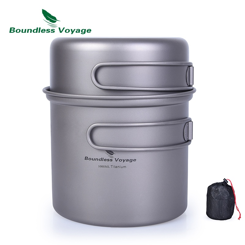 Boundless Voyage Titanium Camping Pot Pan Set - Ultralight Outdoor Cookware With Folding Handles