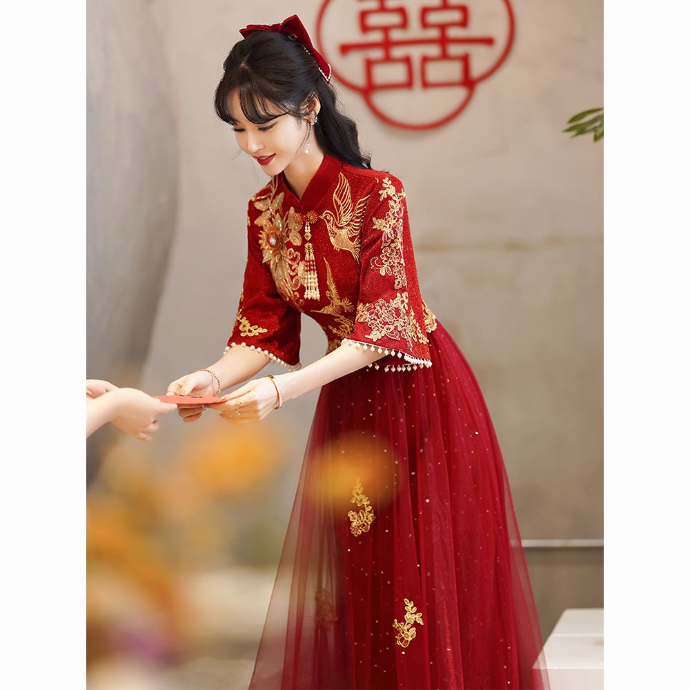 2c-v-24k./2024 New Style Wine Red Wedding Engagement Chinese Dress ...