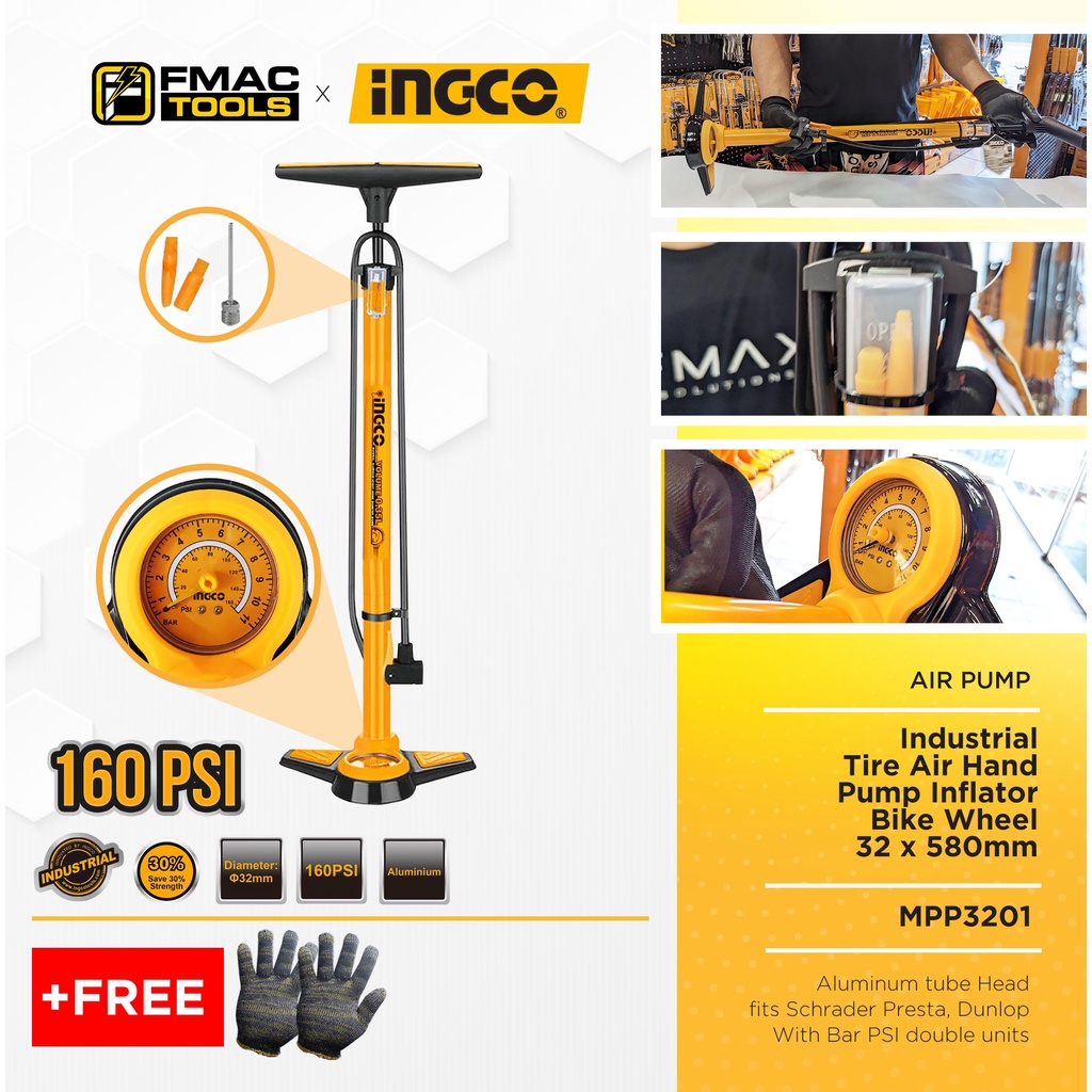 INGCO Industrial Tire Air Hand Pump Inflator Bike Wheel 160PSI MPP3201 + FREEBIES FMAC TOOLS