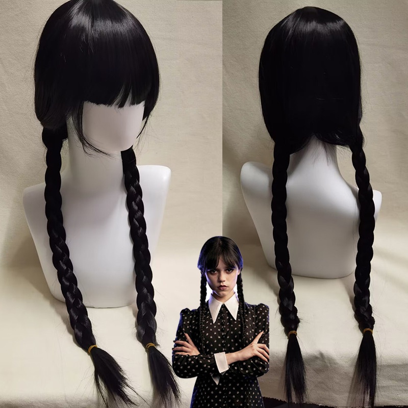 Wednesday Addams Cosplay Girls Hair Movie Long Black Braids Wig With 