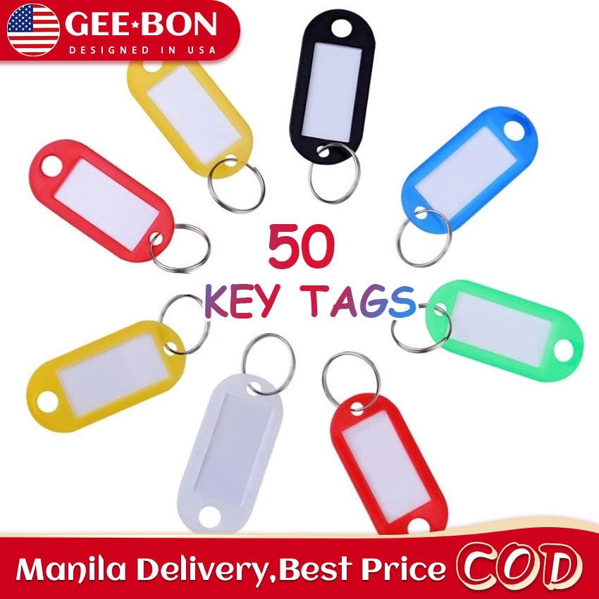 GEEBON 50Pcs ID Key Tag Label Plastic Custom Split Ring Key Chain ...