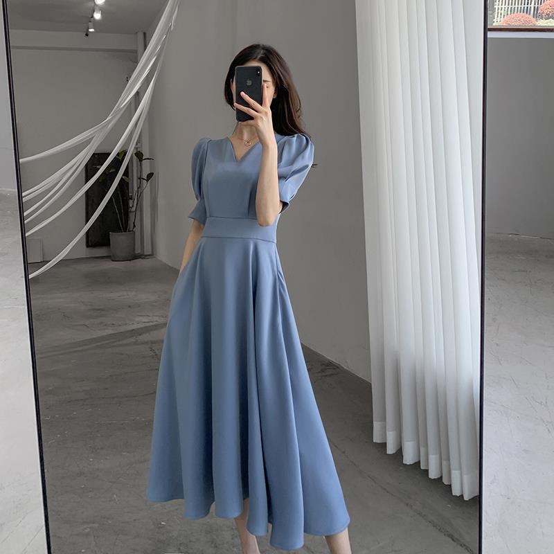 Hawlife Korean Dusty Blue Dress For Wedding Guest Puff Sleeve Elegant Midi Gress 26 Shopee Philippines