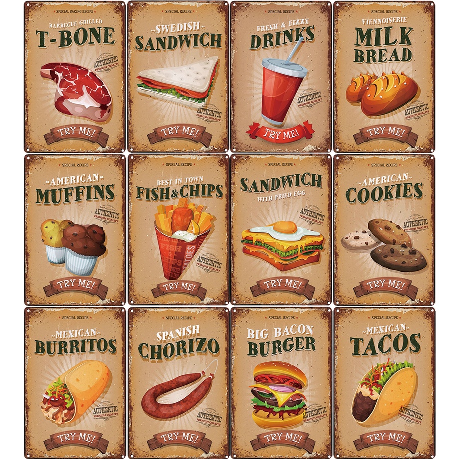 Retro Fast Food Metal Plates Cookies Fish Chips Kebab Cafe Tin Sign ...