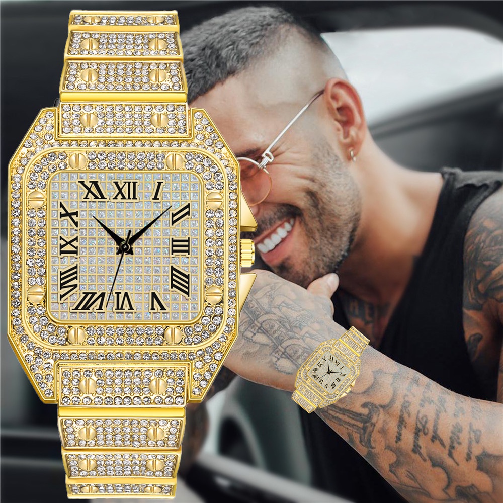 New Hip Hop Iced Out Men Watch Luxury Diamond Square Roman Dial Quartz Wrist Watches Steel Clock Relogio Masculino Drop Shipping Shopee Philippines