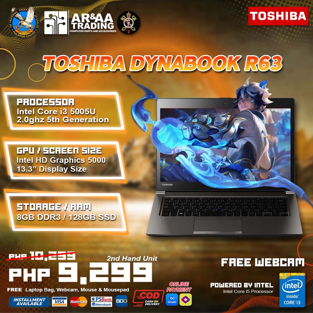 Laptop Toshiba Dynabook R63/P Intel Core i3 5005u 5th gen 8GB DDR3 128GB  SSD (5th Generation)