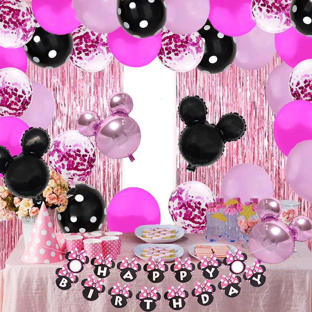 86pcs Mickey Mouse Themed Minnie Birthday Stationery Banner Pink Black ...