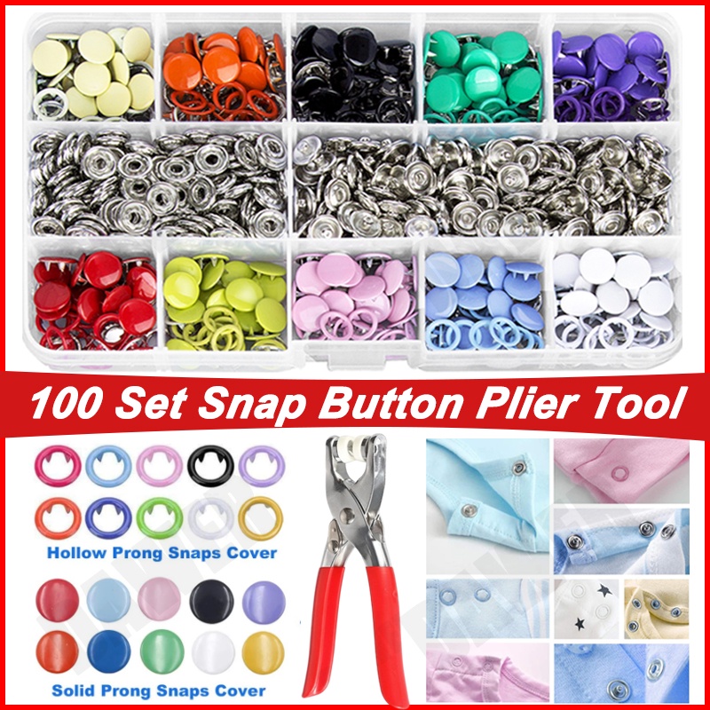100 Set Snap Button Plier Tool Snaps Fasteners Kit Hollow and Solid