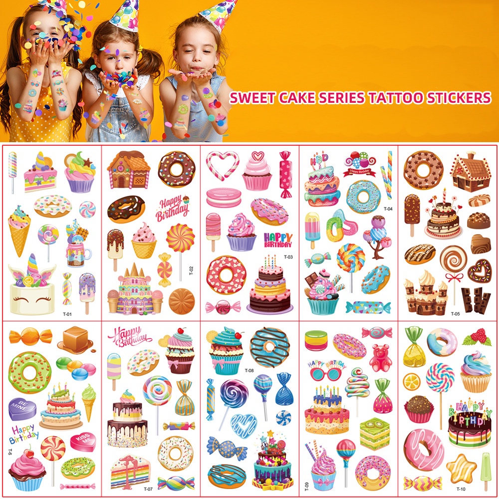 10Sheets/Set Sweet Cake Candy Tattoo Stickers For Child Birthday Party ...