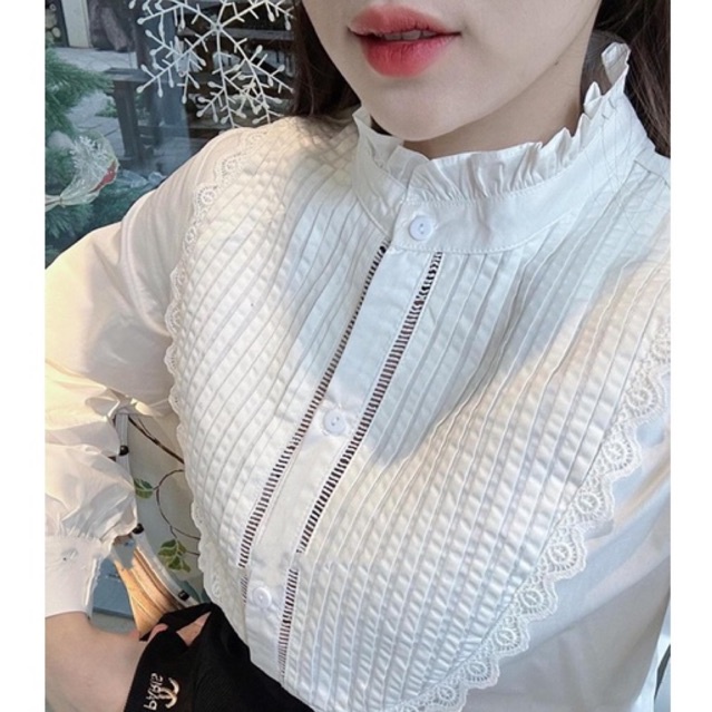 Women's Banh Beo Shirt with Ruffled Collar and Pleated Chest, Super ...