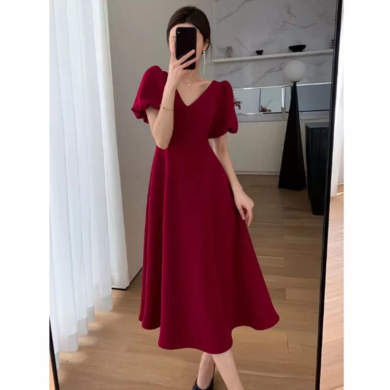 korean elegant trendy fitted maternity dress church sunday black puff sleeve summer party cocktail dress formal dress for woman long dress red plain dress v neck dress Shopee Philippines