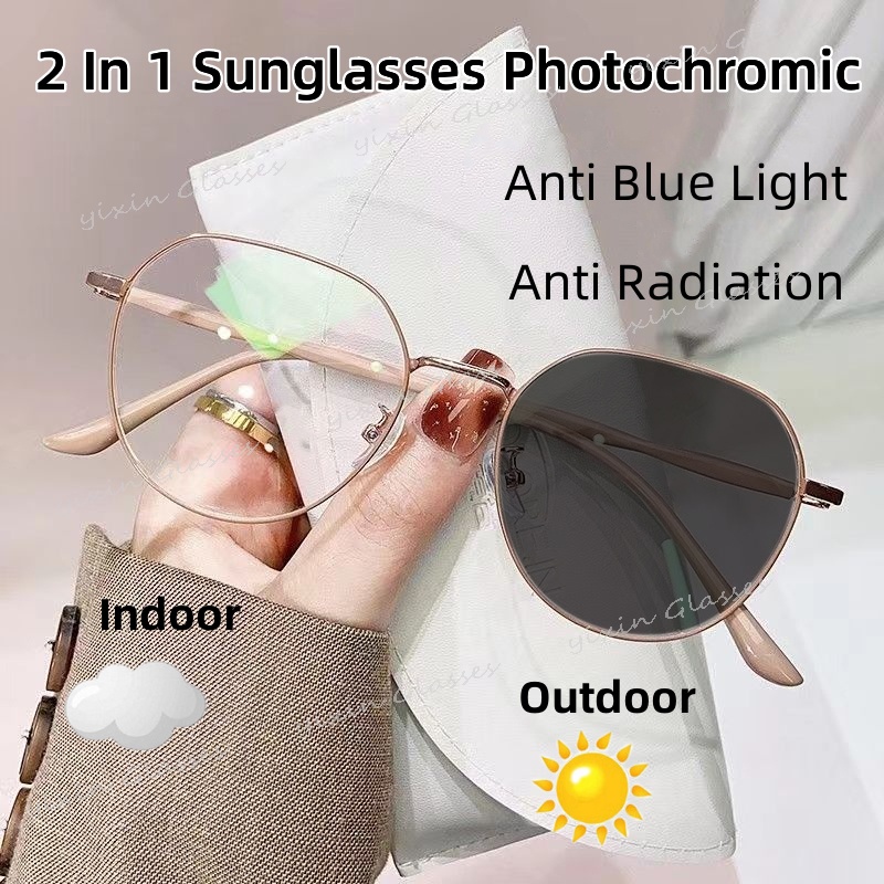 2 In 1 Photochromic Anti Radiation Eye Glasses For Women Men Anti Blue Light Oval Eyeglasses 7694