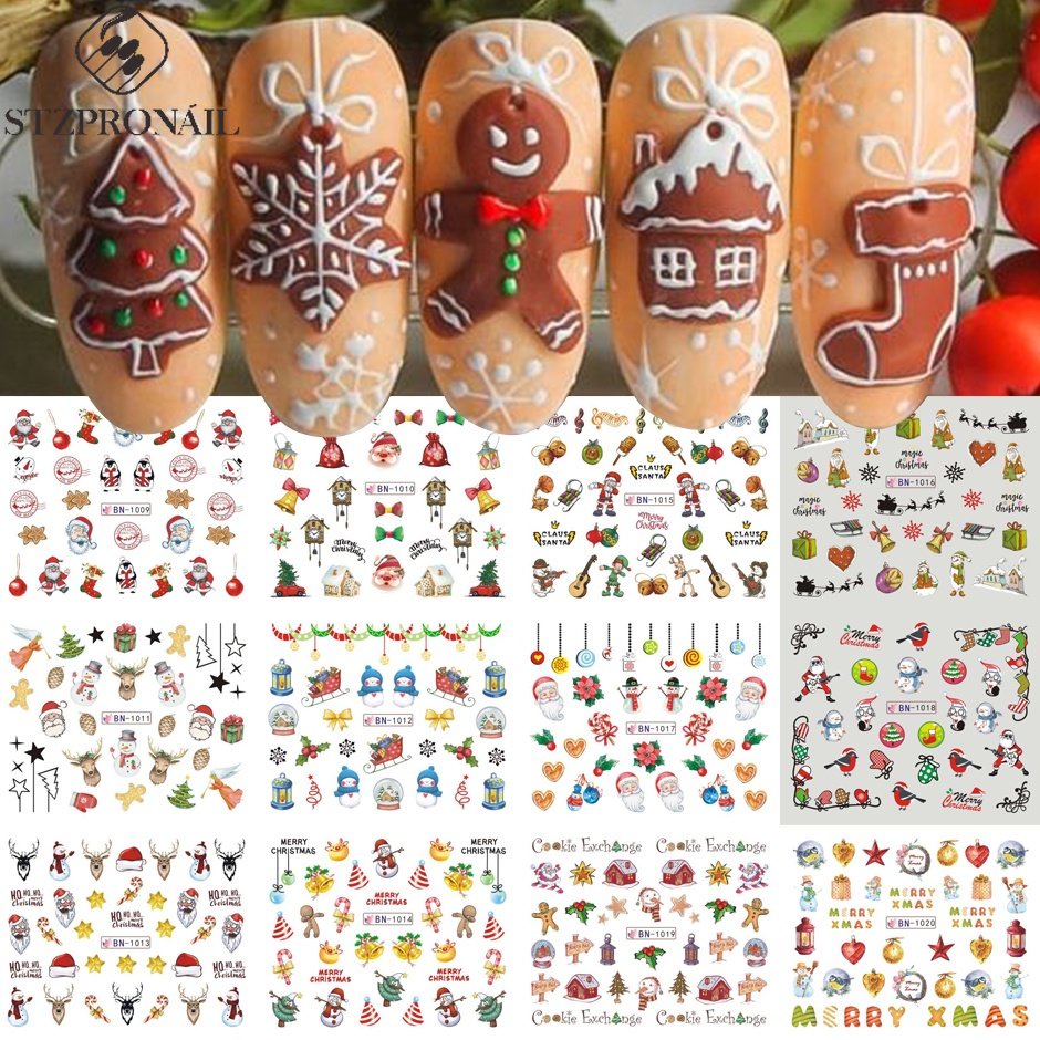 12pcs Cute Christmas Stickers Nail Art Decoration Fun Santa Claus Elk ...