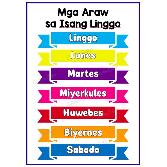 Laminated Wall Chart - English Filipino Tagalog - color, shapes, days ...