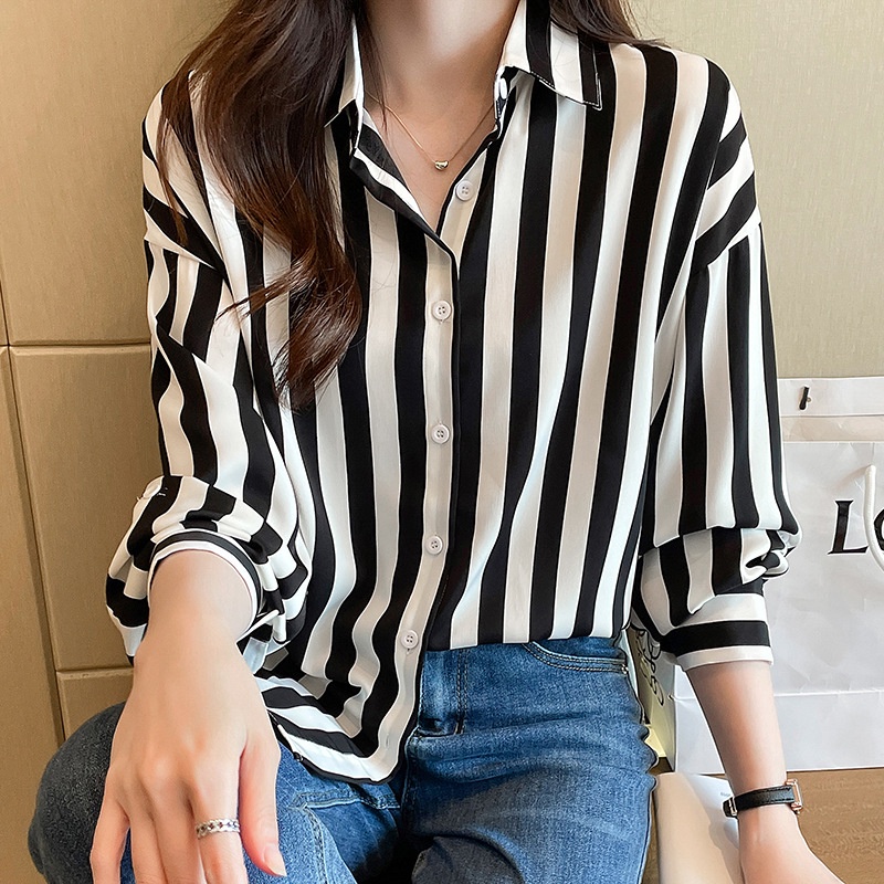 ready stock blouse women muslimah Striped long-sleeved lapel top ...