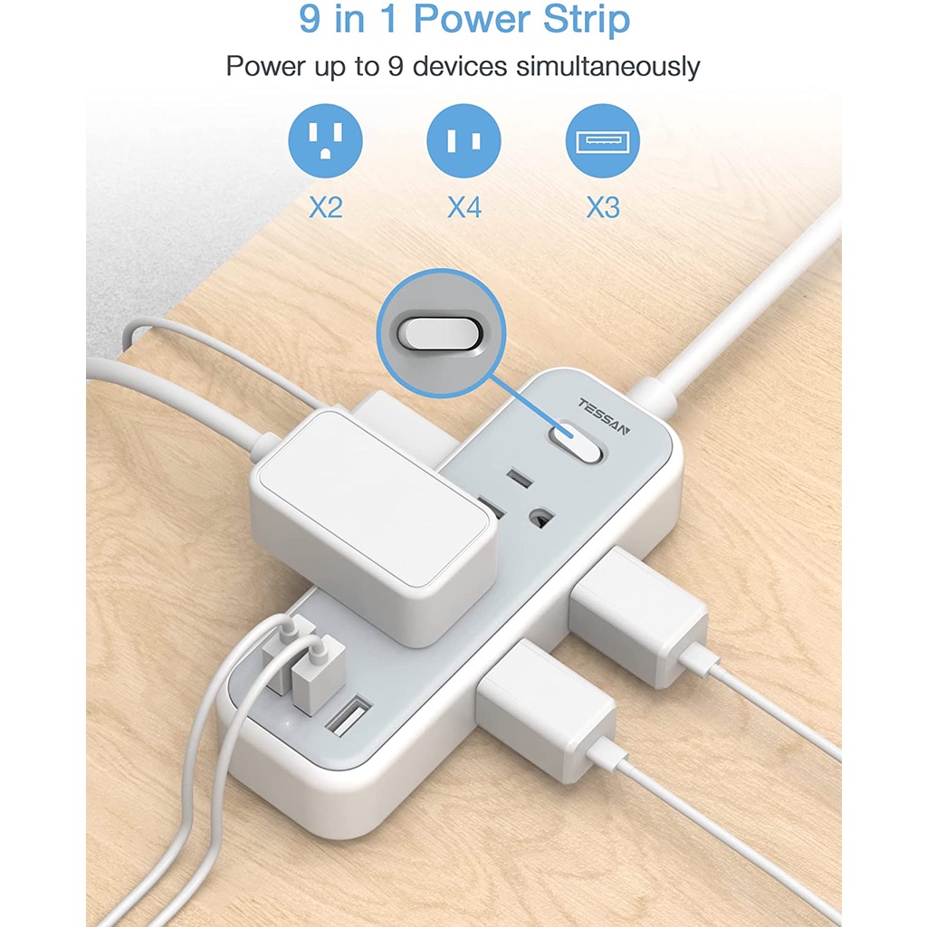 TESSAN USB Adapter Multi Extension Plug Mini 6 Outlets Portable