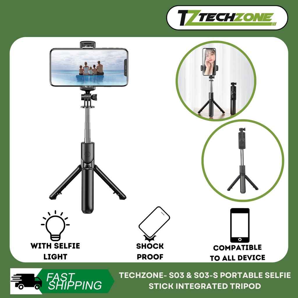 TECHZONE S03 & S03S Portable Selfie Stick Integrated Tripod Shopee