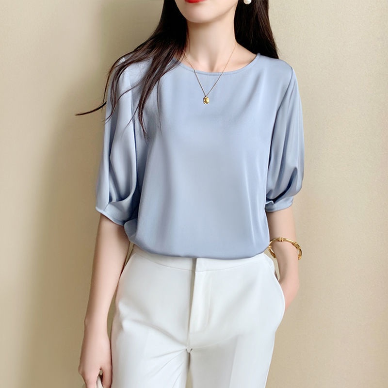 French Simple Light Blue Shirt Women's Summer Lantern Sleeve Women's ...