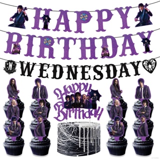 Wednesday Addams Theme Happy Birthday Balloons,Banner, Cake