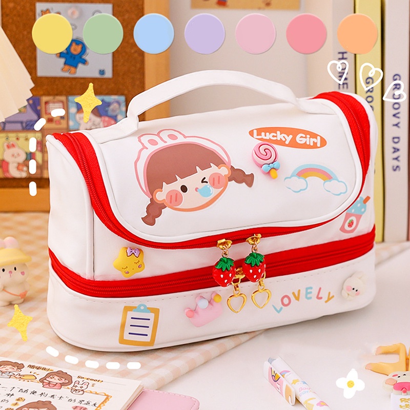 Strawberry Double Layer Pencil Case Cute Large Capacity Handcarried