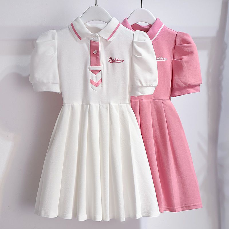 Girls' dress summer 2023 new girls' bubble sleeves college style polo ...