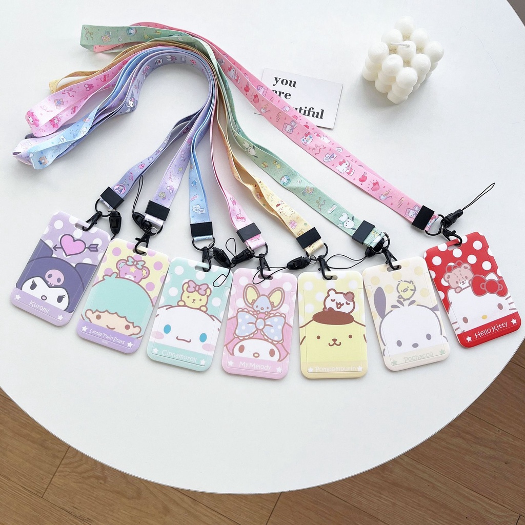 Sanrio Kawaii Card Holder Lanyard Slide Cover Kuromi Cinnamoroll ID ...